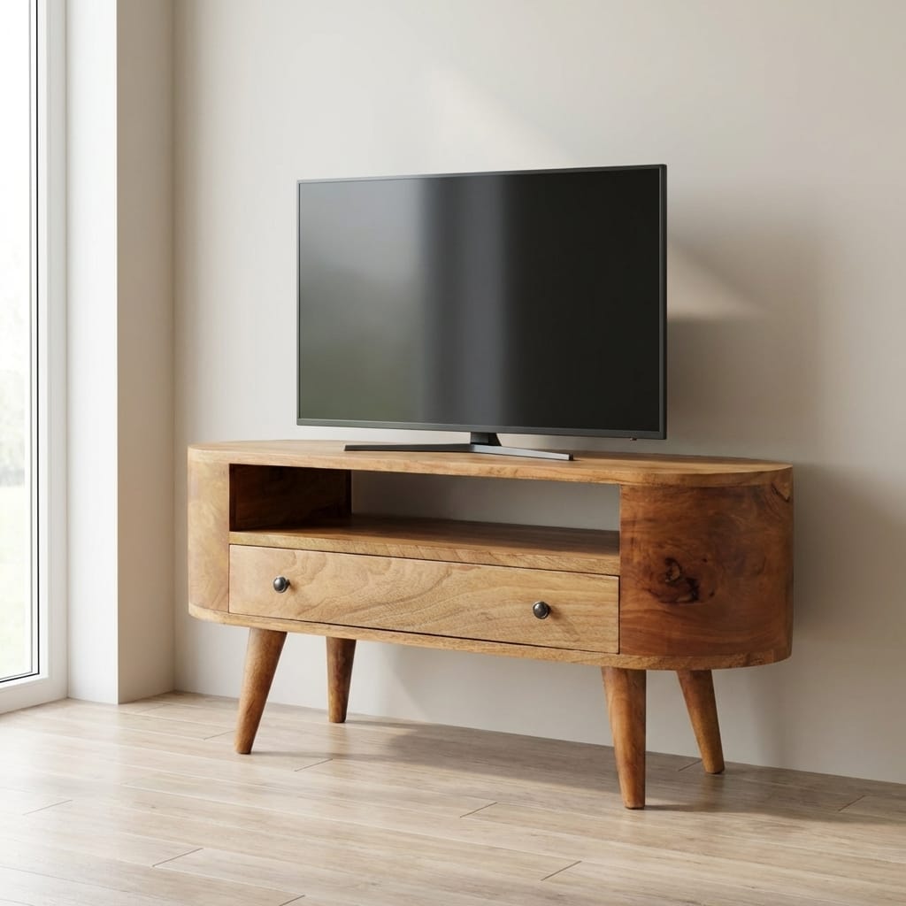 Handcrafted Mini Rounded TV Stand - Solid Mango Wood Entertainment Center for Living Room - main view showing handcrafted...