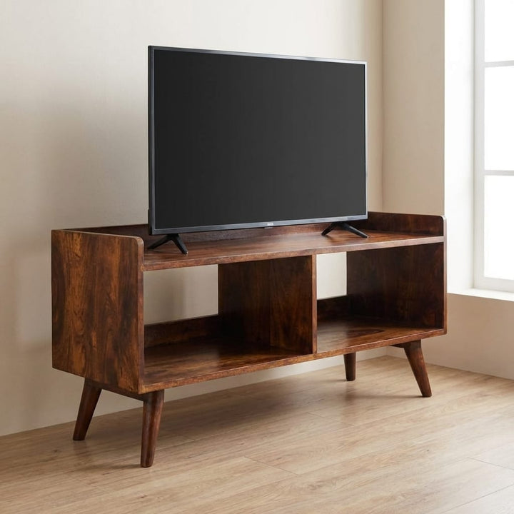 Handcrafted Open-top Chestnut TV Stand - Solid Mango Wood Entertainment Center for Living Room - main view showing...