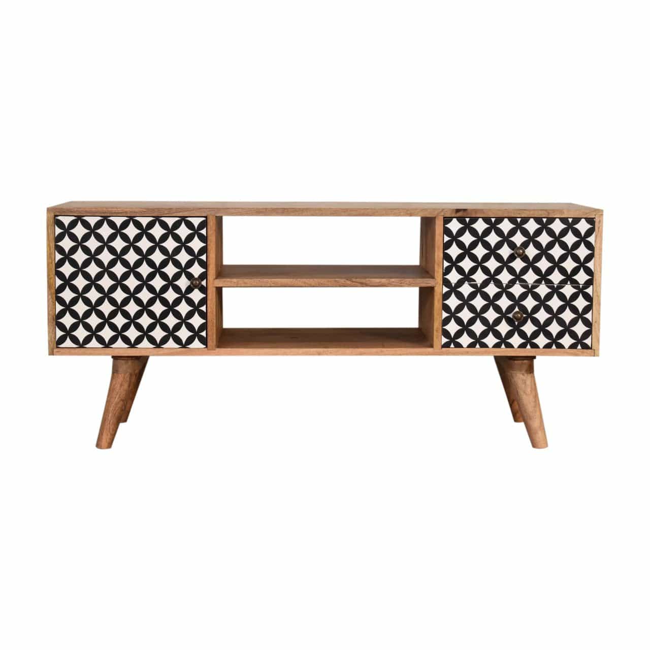 Mid-Century Modern Diamond Print TV Stand - Solid Mango Wood Entertainment Center for Living Room - main view showing...