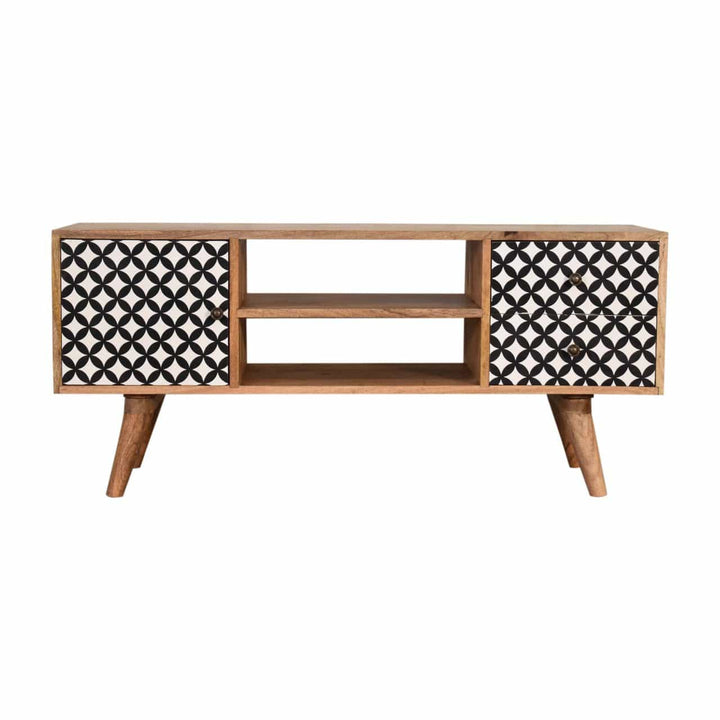 Mid-Century Modern Diamond Print TV Stand - Solid Mango Wood Entertainment Center for Living Room - main view showing...