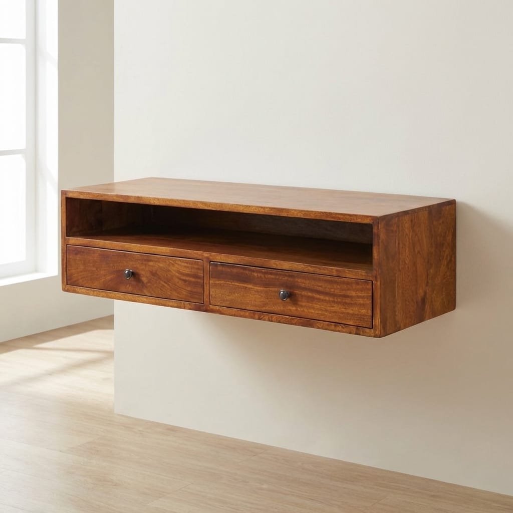 Mid-Century Modern Lunar Chestnut Wall Mounted TV Stand - Solid Mango Wood Floating Media Unit - main view showing...