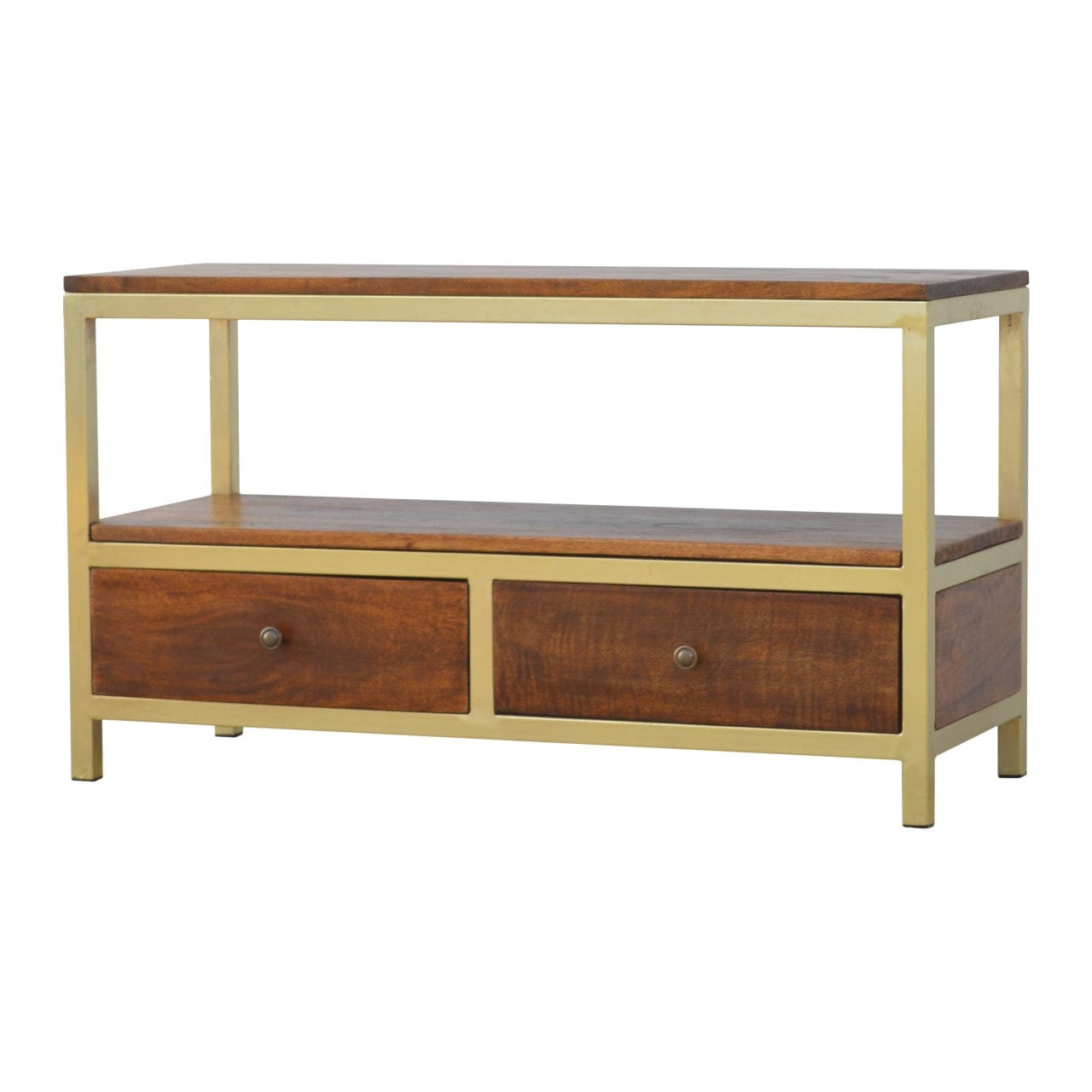 Mid-Century Modern TV Stand - Solid Mango Wood Entertainment Center for Living Room - product view 2 showing handcrafted...