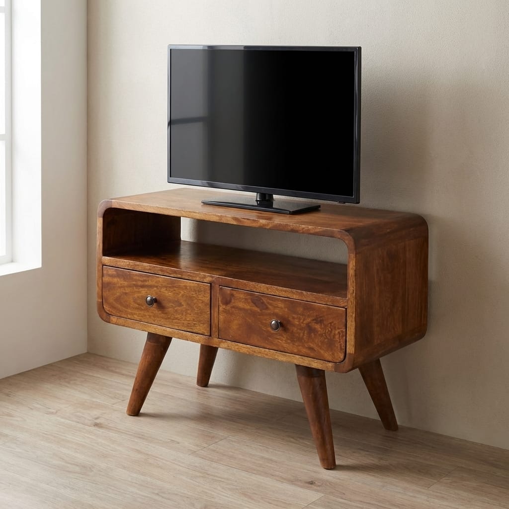Mini Chestnut Curved TV Stand - Solid Mango Wood Entertainment Center for Living Room - main view showing handcrafted...