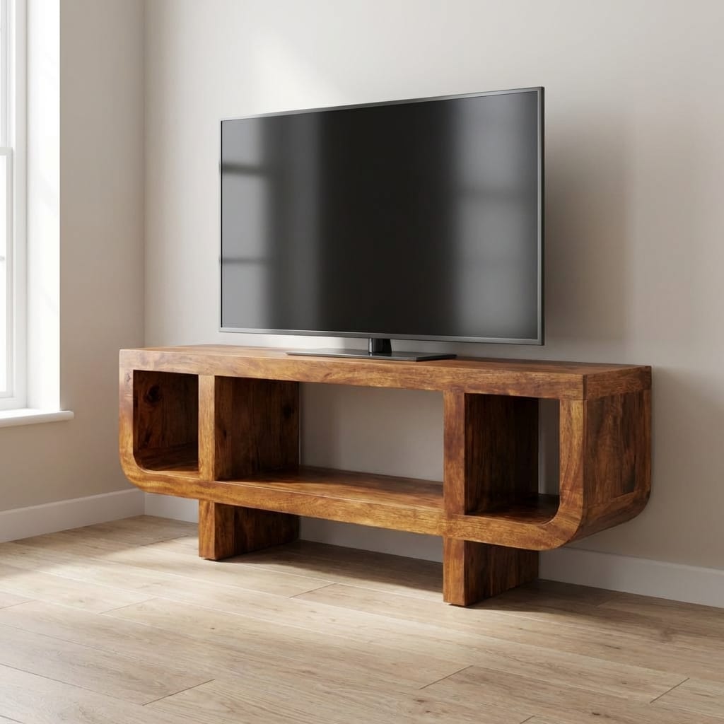 Orion Curved Chestnut TV Stand - Solid Mango Wood Entertainment Center for Living Room - main view showing handcrafted...