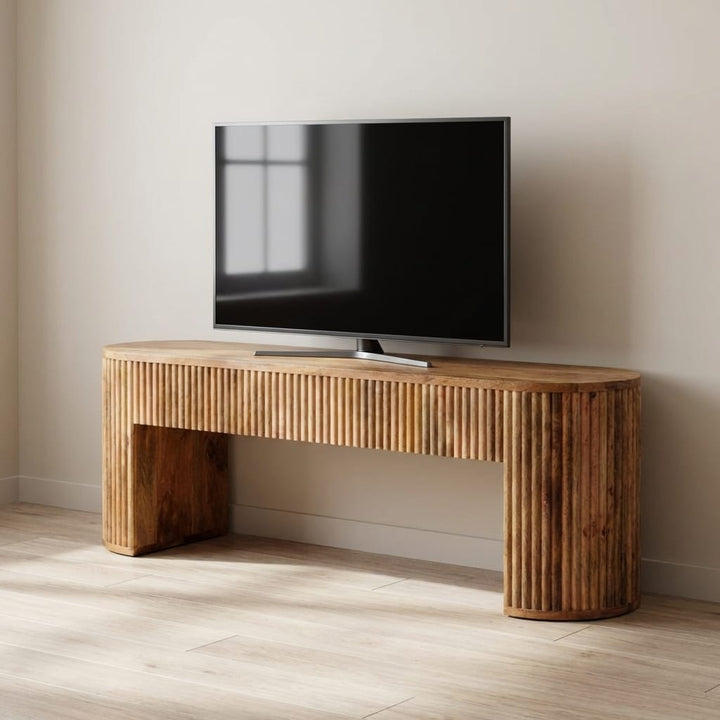 Rustic Soba Straight TV Stand - Solid Mango Wood Entertainment Center for Living Room - main view showing handcrafted...