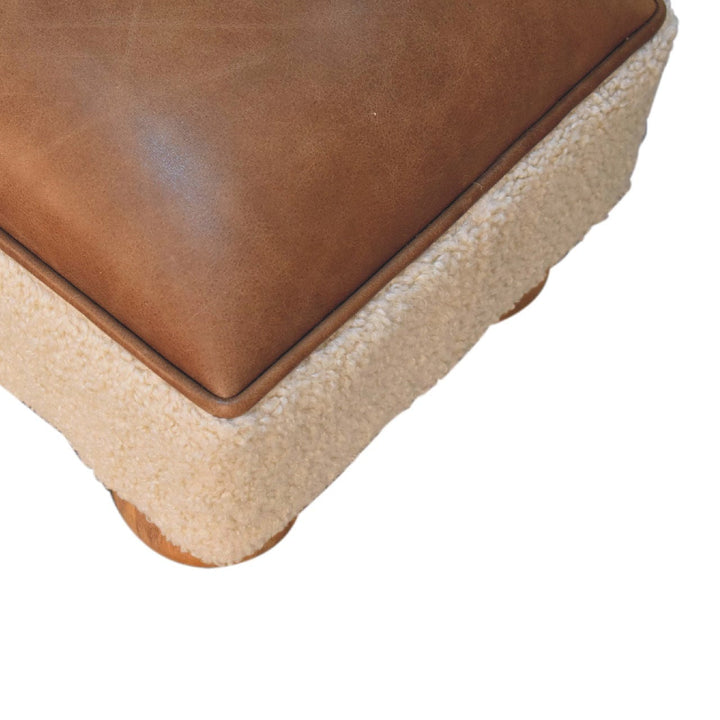 Vintage Leather Boucle Ball Footstool - Solid Mango Wood Accent Stool for Living Room - product view 6 showing...