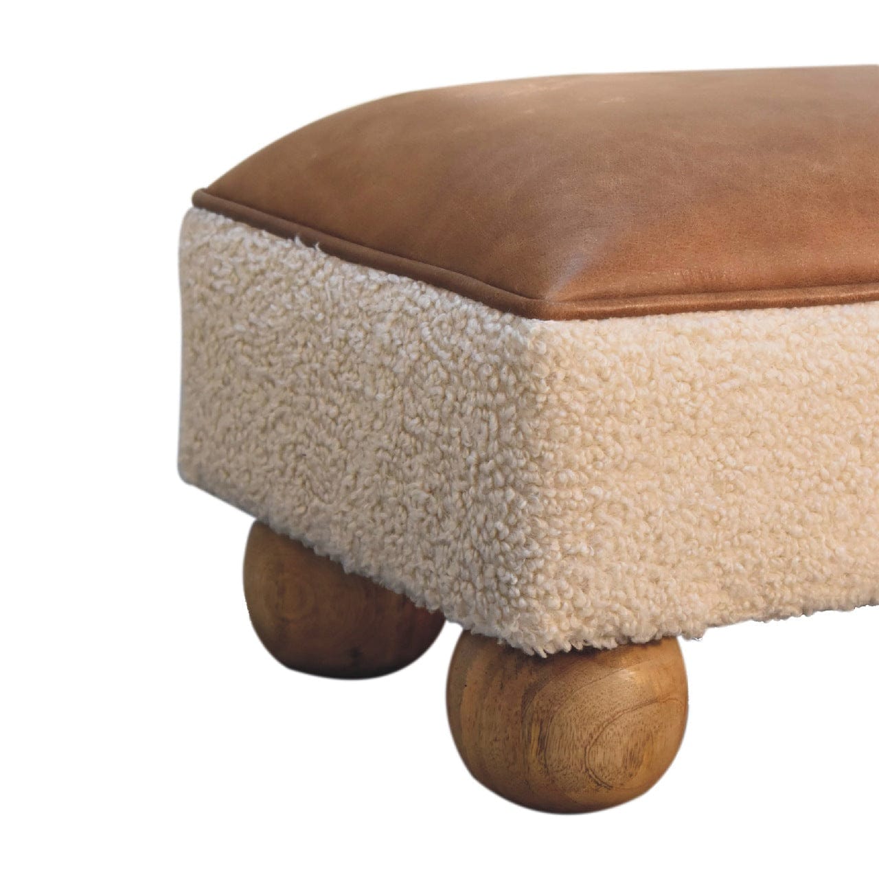 Vintage Leather Boucle Ball Footstool - Solid Mango Wood Accent Stool for Living Room - product view 5 showing...