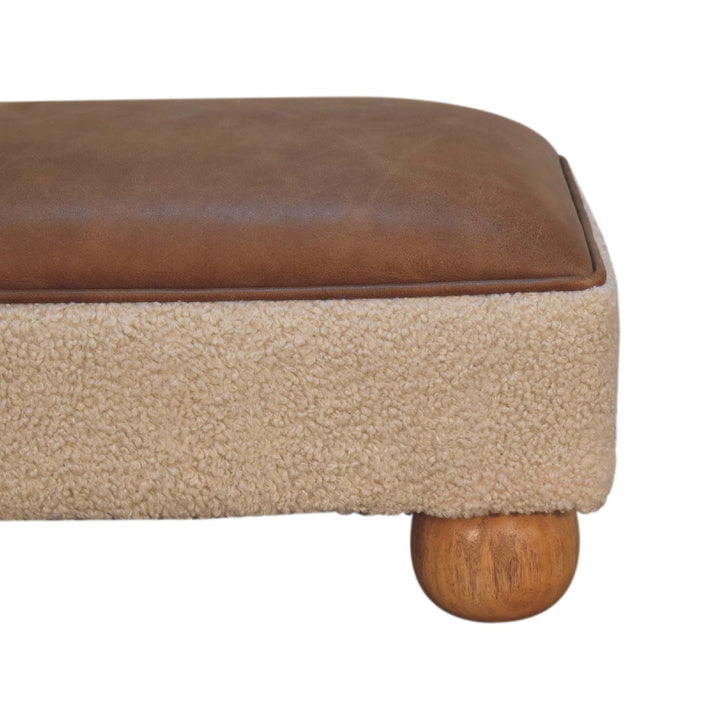 Vintage Leather Boucle Ball Footstool - Solid Mango Wood Accent Stool for Living Room - product view 4 showing...
