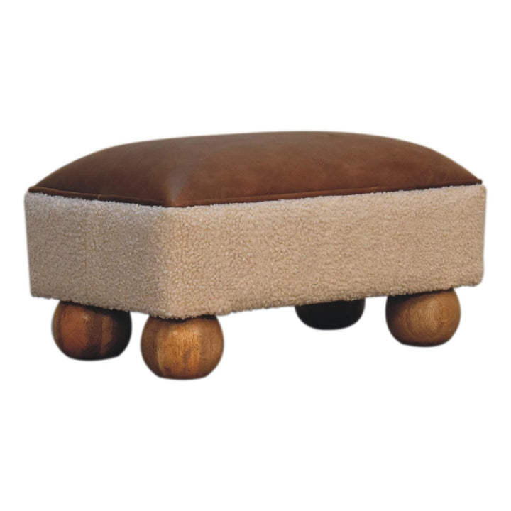 Vintage Leather Boucle Ball Footstool - Solid Mango Wood Accent Stool for Living Room - product view 3 showing...