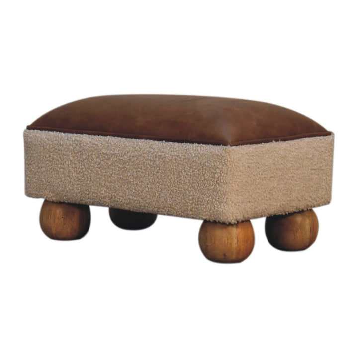 Vintage Leather Boucle Ball Footstool - Solid Mango Wood Accent Stool for Living Room - product view 2 showing...