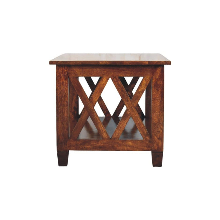 X-Frame Chestnut Coffee Table - Solid Mango Wood Center Table for Living Room - product view 9 showing handcrafted solid...
