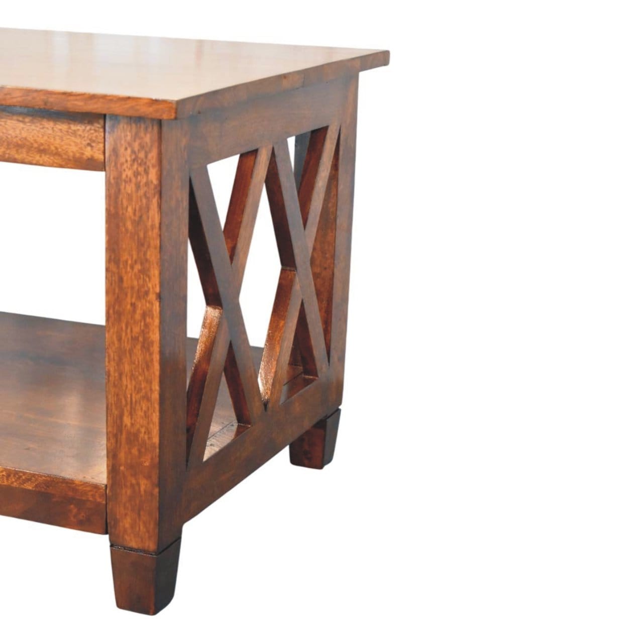 X-Frame Chestnut Coffee Table - Solid Mango Wood Center Table for Living Room - product view 8 showing handcrafted solid...
