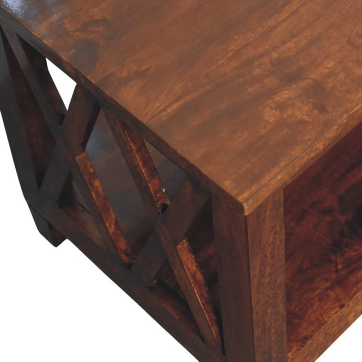 X-Frame Chestnut Coffee Table - Solid Mango Wood Center Table for Living Room - product view 6 showing handcrafted solid...