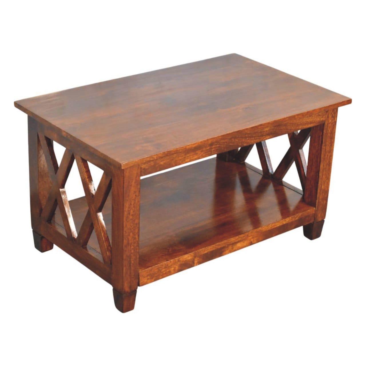 X-Frame Chestnut Coffee Table - Solid Mango Wood Center Table for Living Room - product view 5 showing handcrafted solid...
