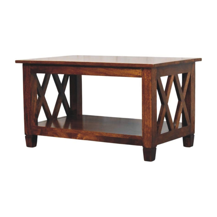 X-Frame Chestnut Coffee Table - Solid Mango Wood Center Table for Living Room - product view 3 showing handcrafted solid...