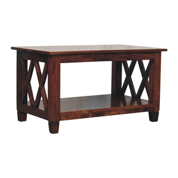 X-Frame Chestnut Coffee Table - Solid Mango Wood Center Table for Living Room - product view 2 showing handcrafted solid...