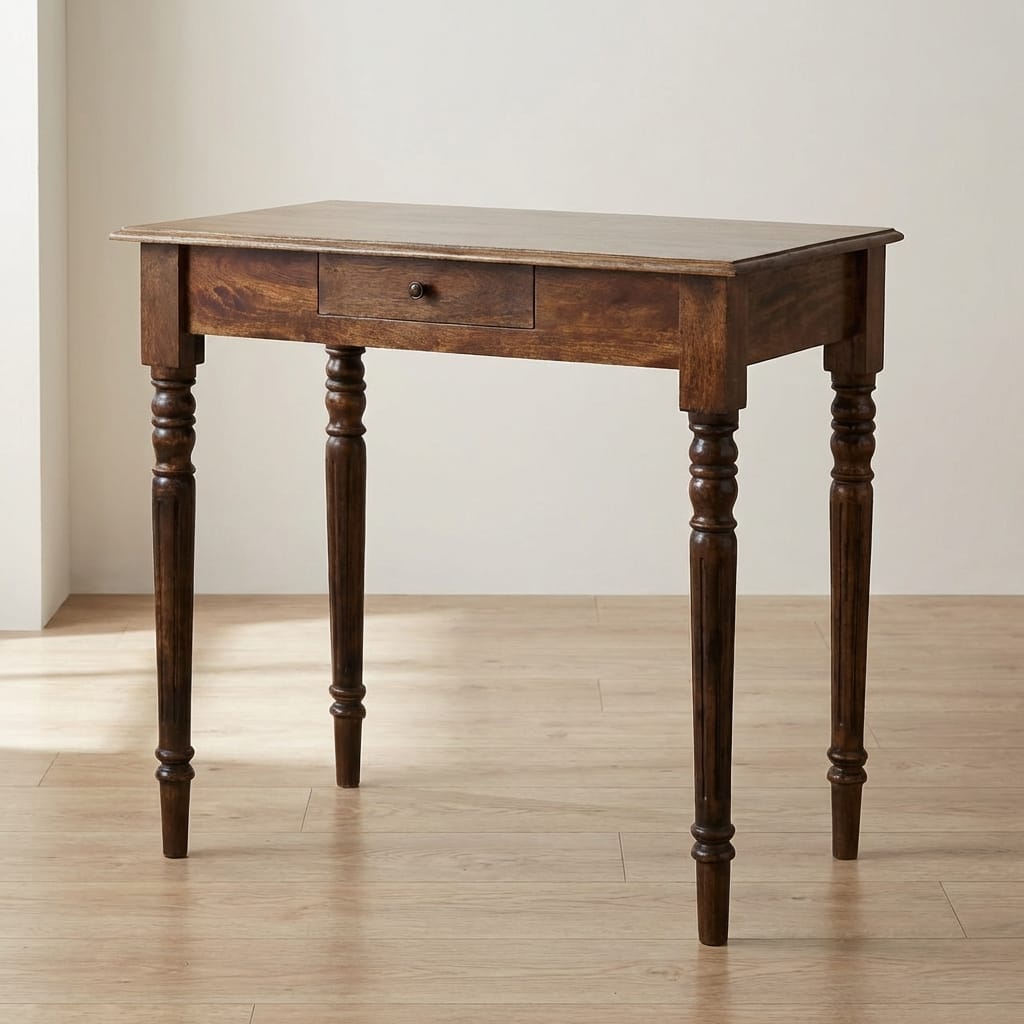 Heritage Turned-Leg Desk in Classic Grey Tone - Solid Mango Wood Writing Desk - main view showing handcrafted solid mango...