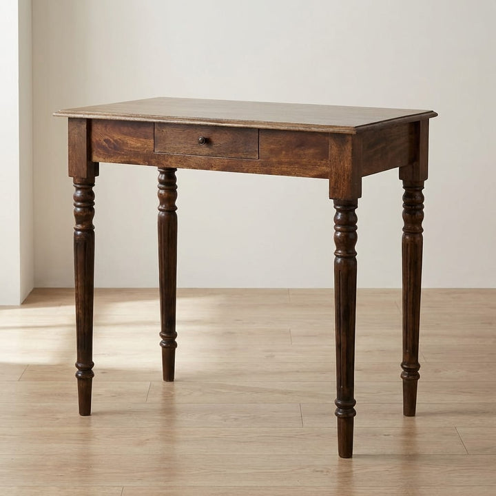 Heritage Turned-Leg Desk in Classic Grey Tone - Solid Mango Wood Writing Desk - main view showing handcrafted solid mango...