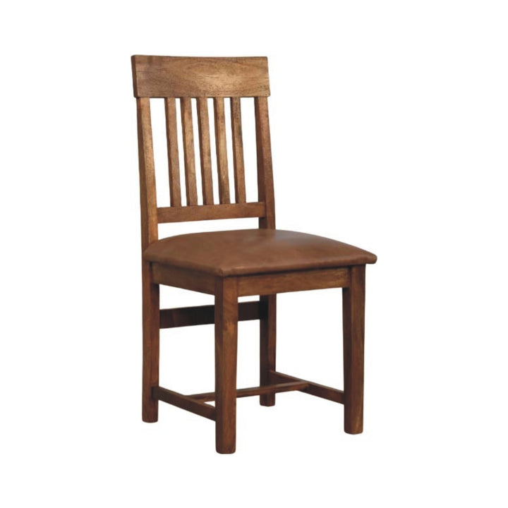 Amber Oak Leather Slatted Dining Chair in Solid Mango Wood - product view 2 showing handcrafted solid mango wood chair
