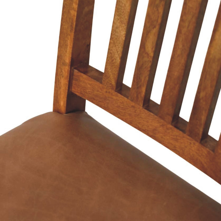 Amber Oak Leather Slatted Dining Chair in Solid Mango Wood - product view 4 showing handcrafted solid mango wood chair