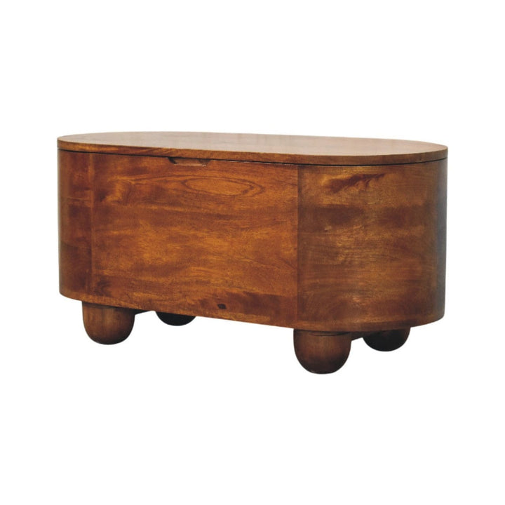 Loren Chestnut Storage Box Bench - Solid Mango Wood Storage Chest with Seating - product view 3 showing handcrafted solid...