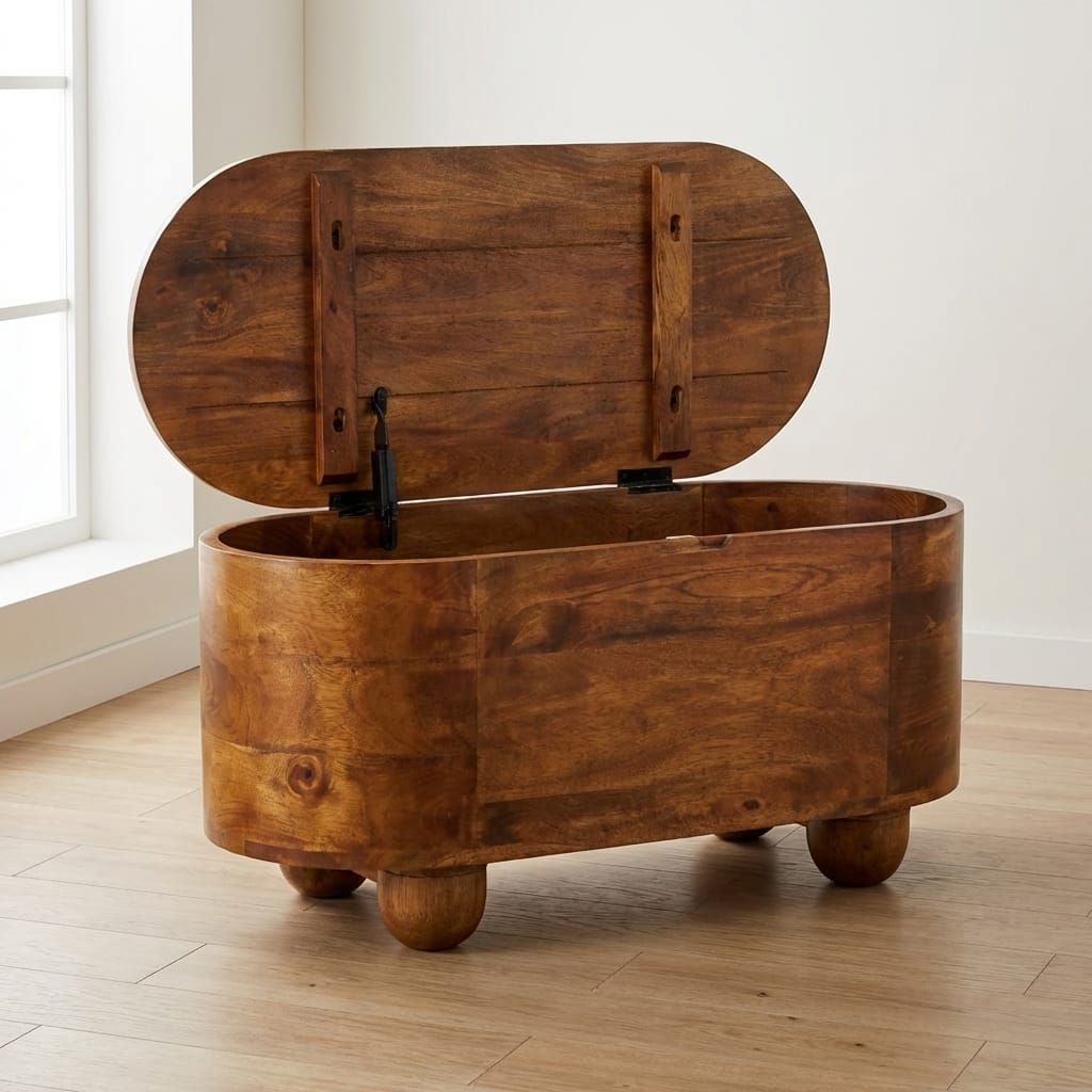 Loren Chestnut Storage Box Bench - Solid Mango Wood Storage Chest with Seating - main view showing handcrafted solid...
