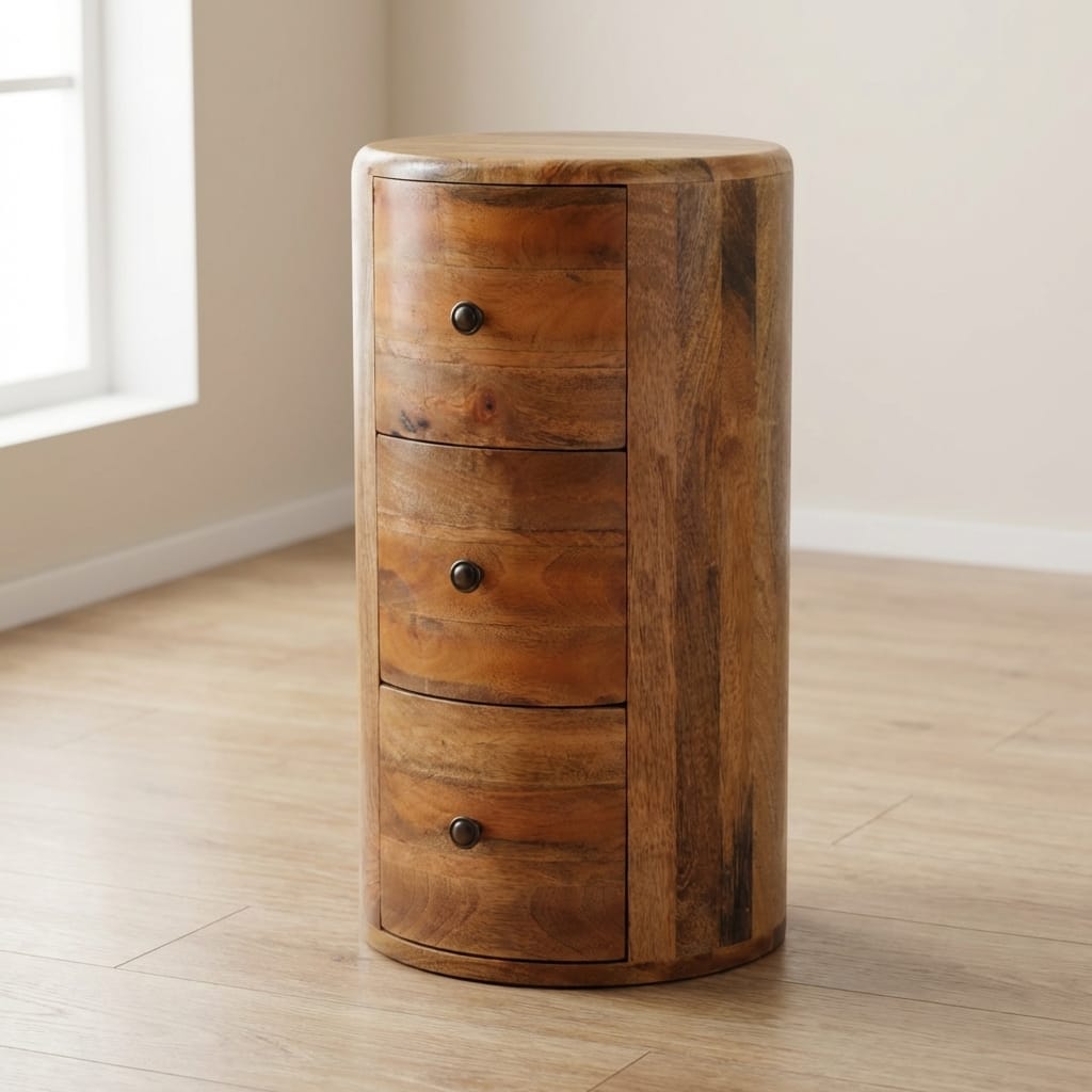 Mango Drum Side Table - Solid Mango Wood Round Accent Table - main view showing handcrafted solid mango wood side table
