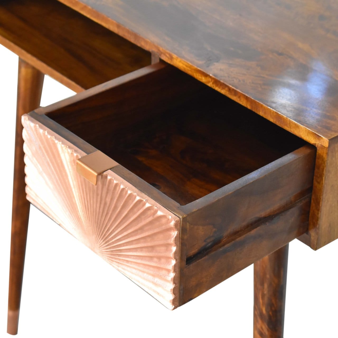 Manila Rose Gold Writing Desk - Solid Mango Wood Writing Table for Home Office - product view 6 showing handcrafted solid...
