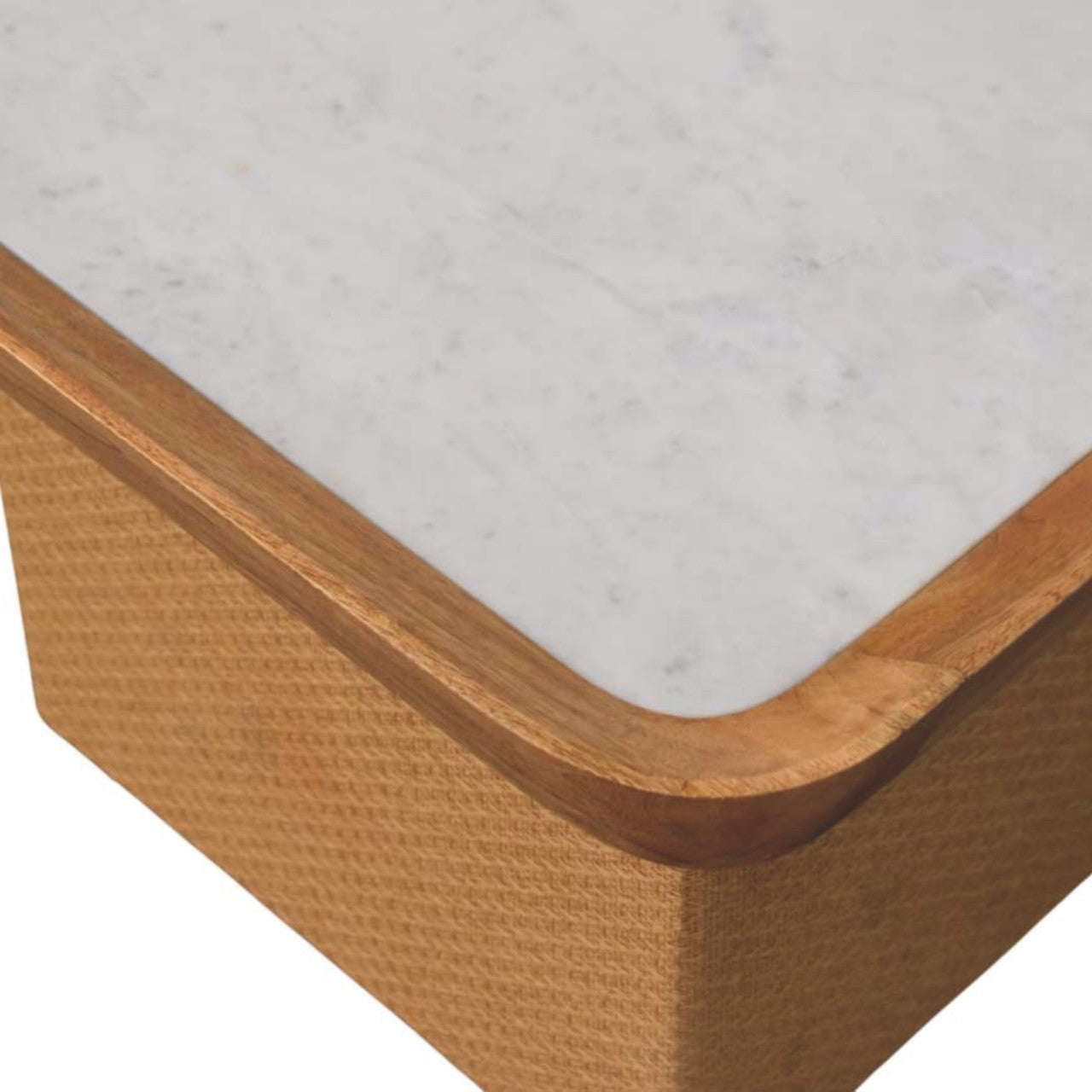 Oakish Marble Top Chatai Coffee Table in Solid Mango Wood - product view 5 showing handcrafted solid mango wood coffee table