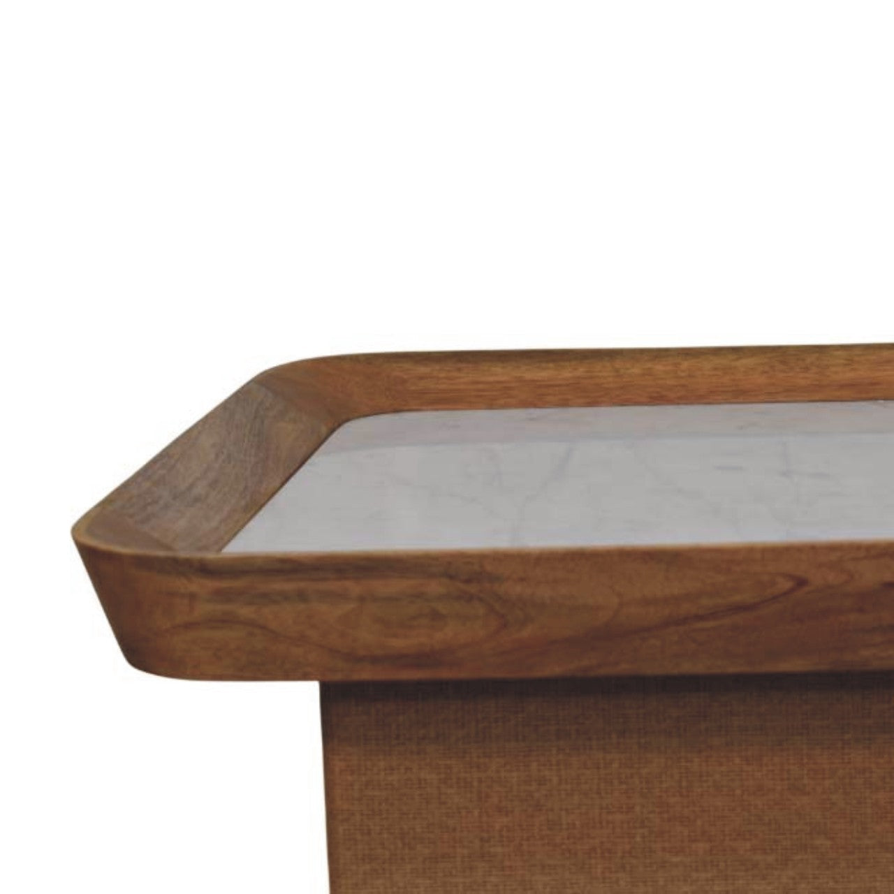 Oakish Marble Top Chatai Coffee Table in Solid Mango Wood - product view 3 showing handcrafted solid mango wood coffee table