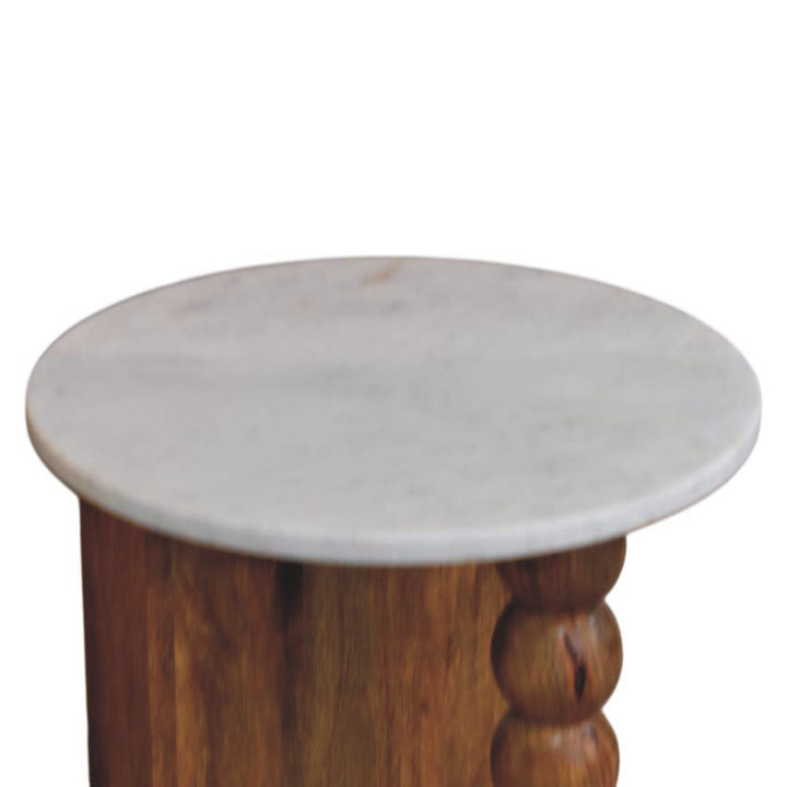 Amber Oak Marble Top Spindle Side Table in Solid Mango Wood - product view 5 showing handcrafted solid mango wood side table