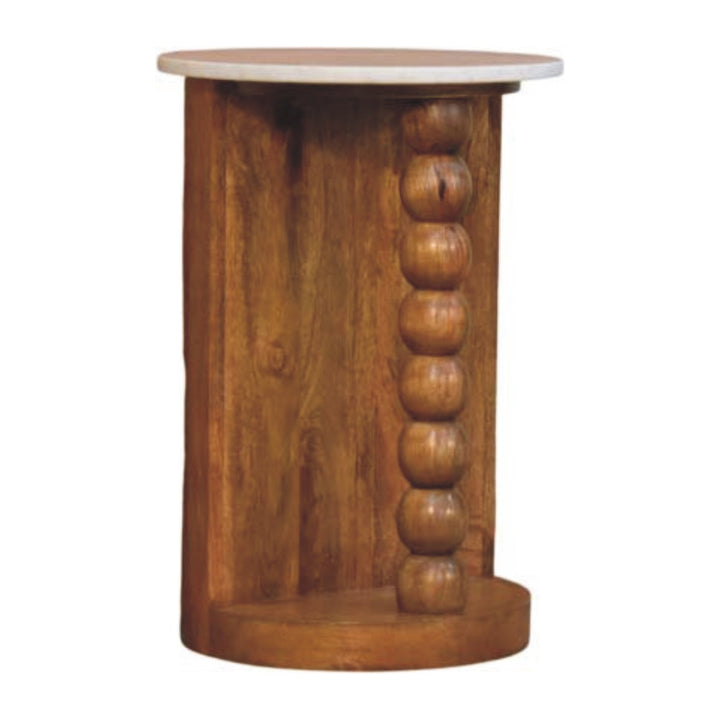 Amber Oak Marble Top Spindle Side Table in Solid Mango Wood - product view 2 showing handcrafted solid mango wood side table