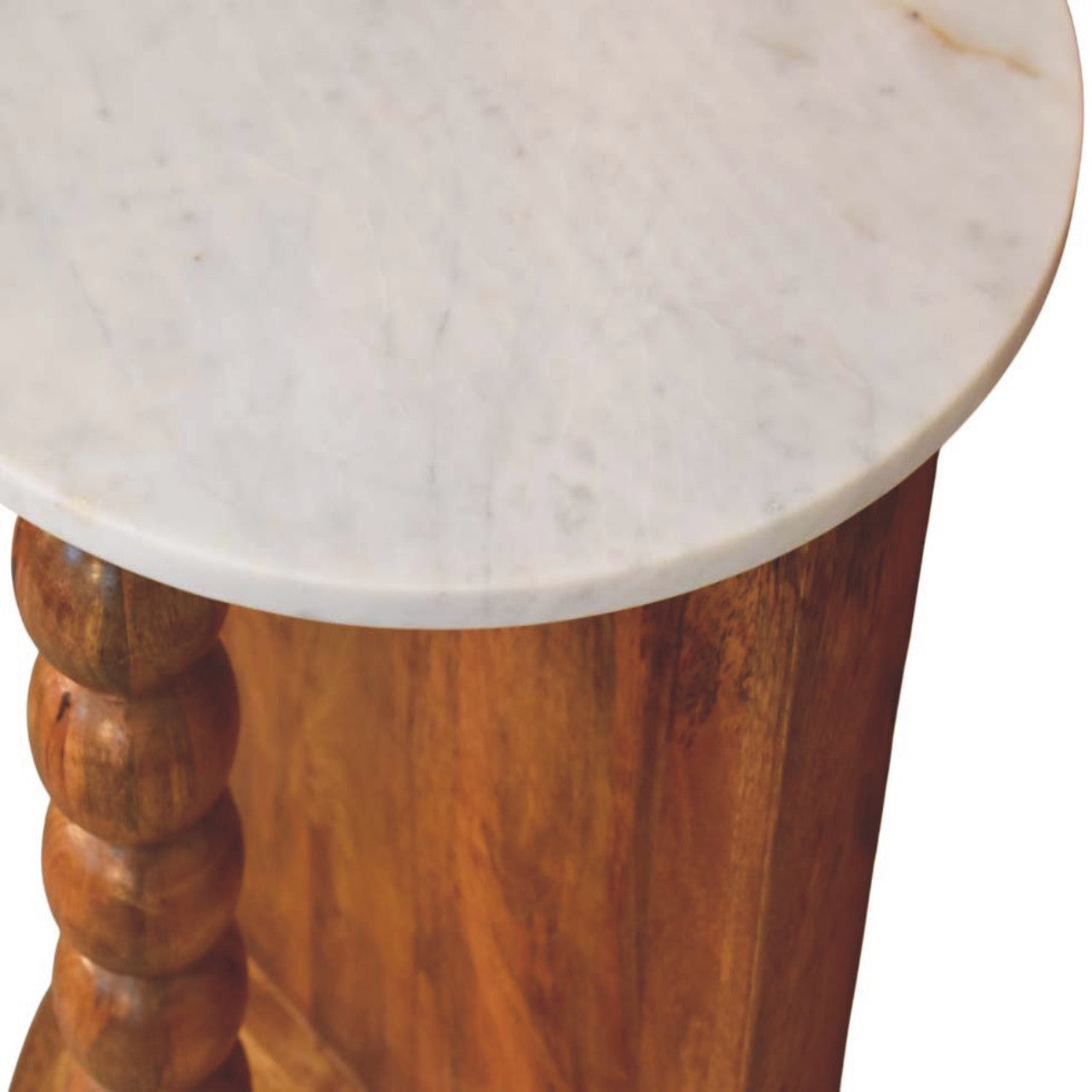 Amber Oak Marble Top Spindle Side Table in Solid Mango Wood - product view 7 showing handcrafted solid mango wood side table
