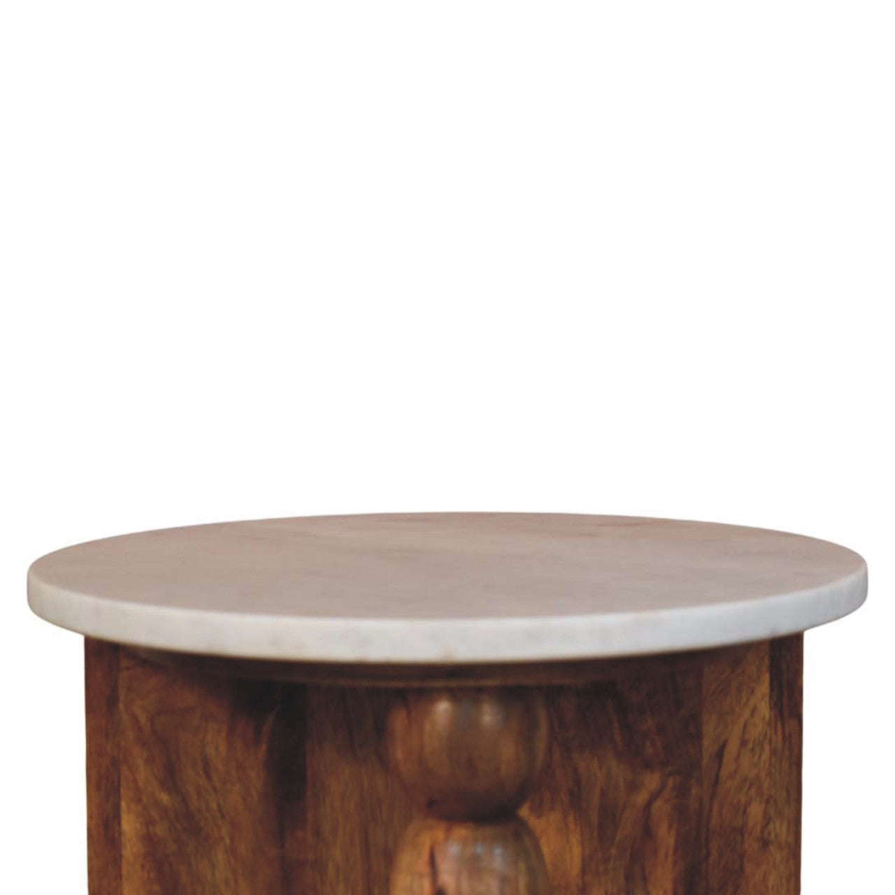 Amber Oak Marble Top Spindle Side Table in Solid Mango Wood - product view 4 showing handcrafted solid mango wood side table