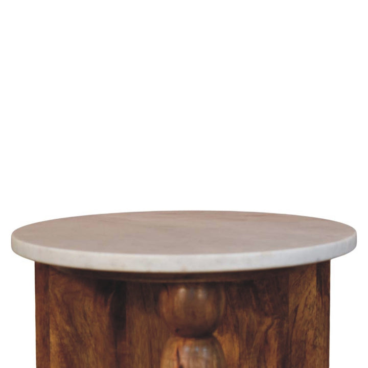 Amber Oak Marble Top Spindle Side Table in Solid Mango Wood - product view 4 showing handcrafted solid mango wood side table