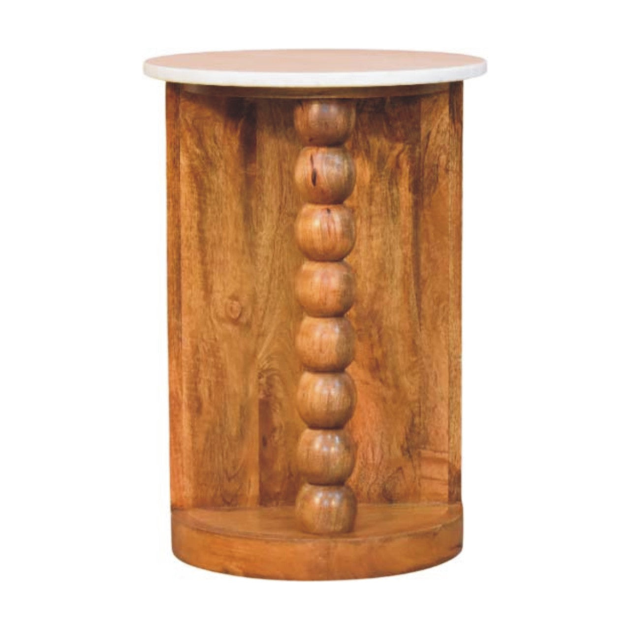 Amber Oak Marble Top Spindle Side Table in Solid Mango Wood - product view 3 showing handcrafted solid mango wood side table