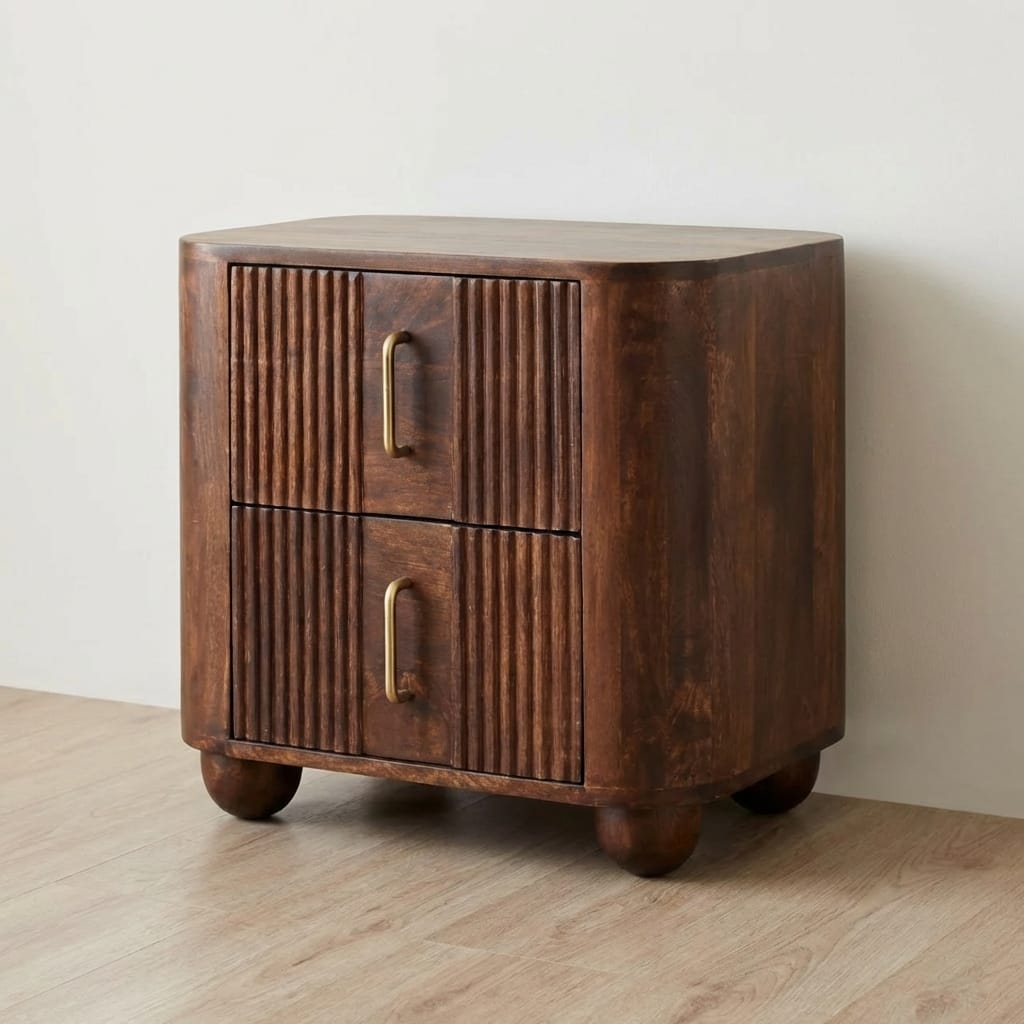 Marlowe Fluted Nightstand - Solid Mango Wood Bedside Table for Bedroom - main view showing handcrafted solid mango wood...