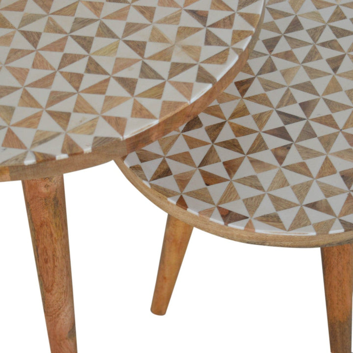 Mid-Century Modern White Pattern Footstool - Solid Mango Wood Accent Stool for Living Room - product view 8 showing...