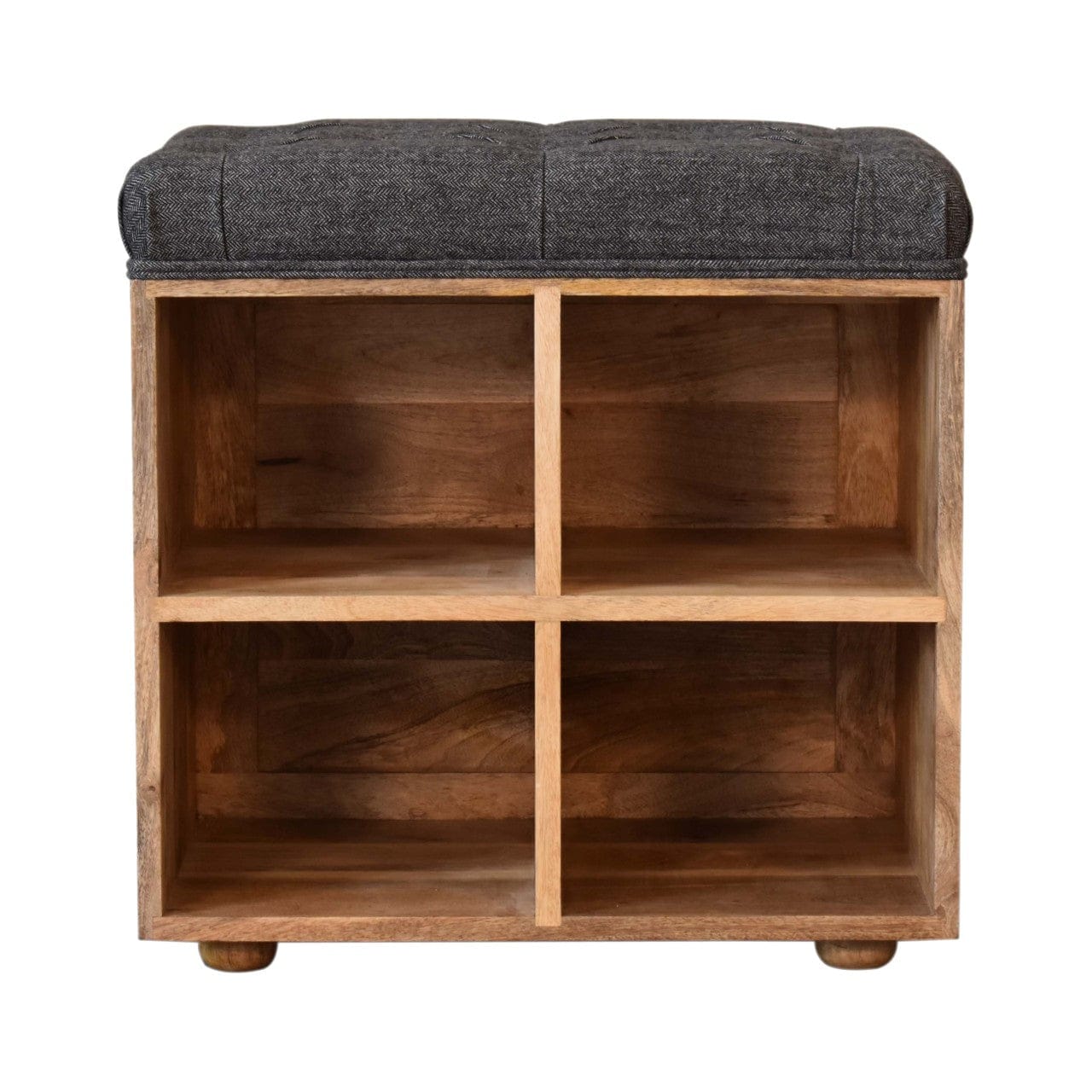 Mid-Century Modern Mini Black Shoe Storage Footstool - Solid Mango Wood Accent Stool for Living Room - main view showing...