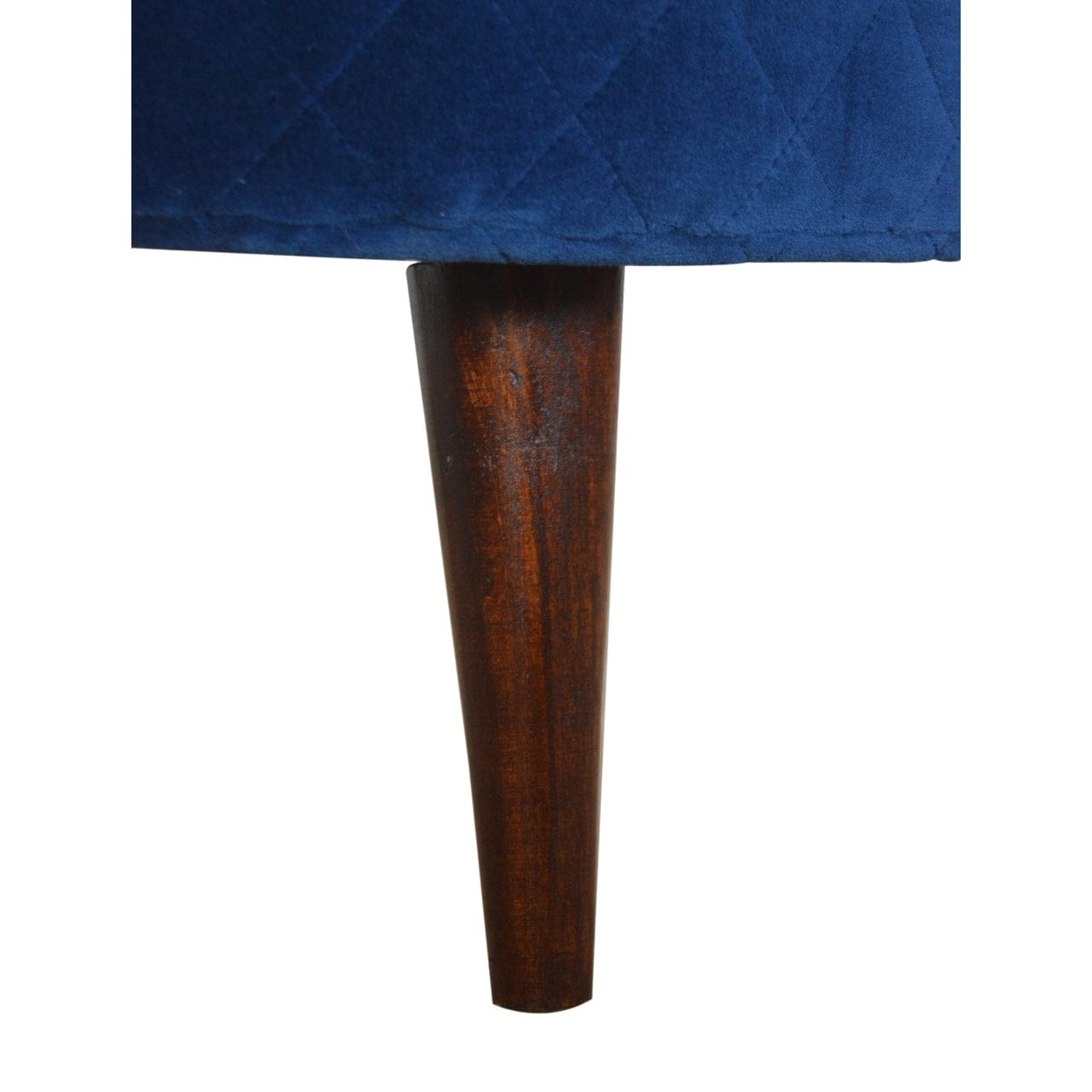 Mid-Century Modern Quilted Blue Velvet Footstool - Solid Mango Wood Accent Stool for Living Room - product view 7 showing...