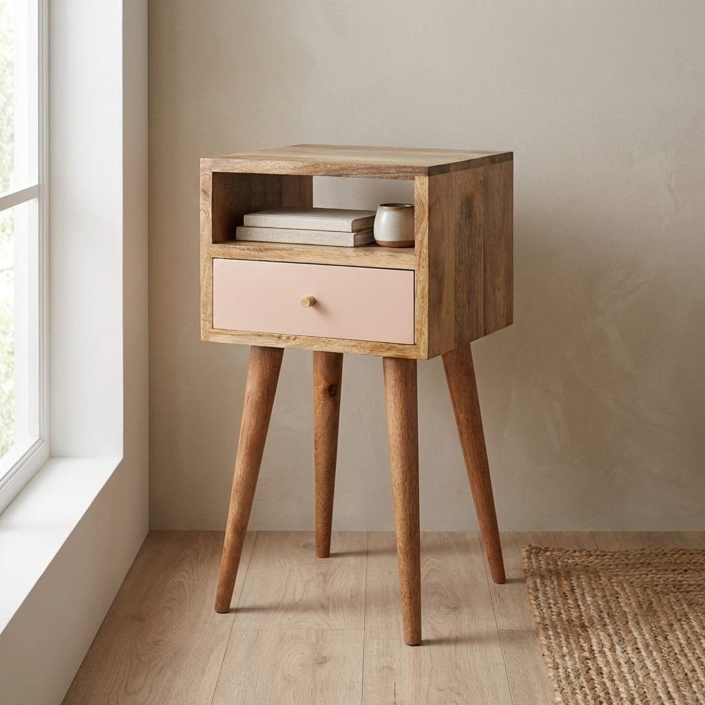 Mid-Century Modern Mini Blush Hand Painted Nightstand - Solid Mango Wood Bedside Table for Bedroom - main view showing...