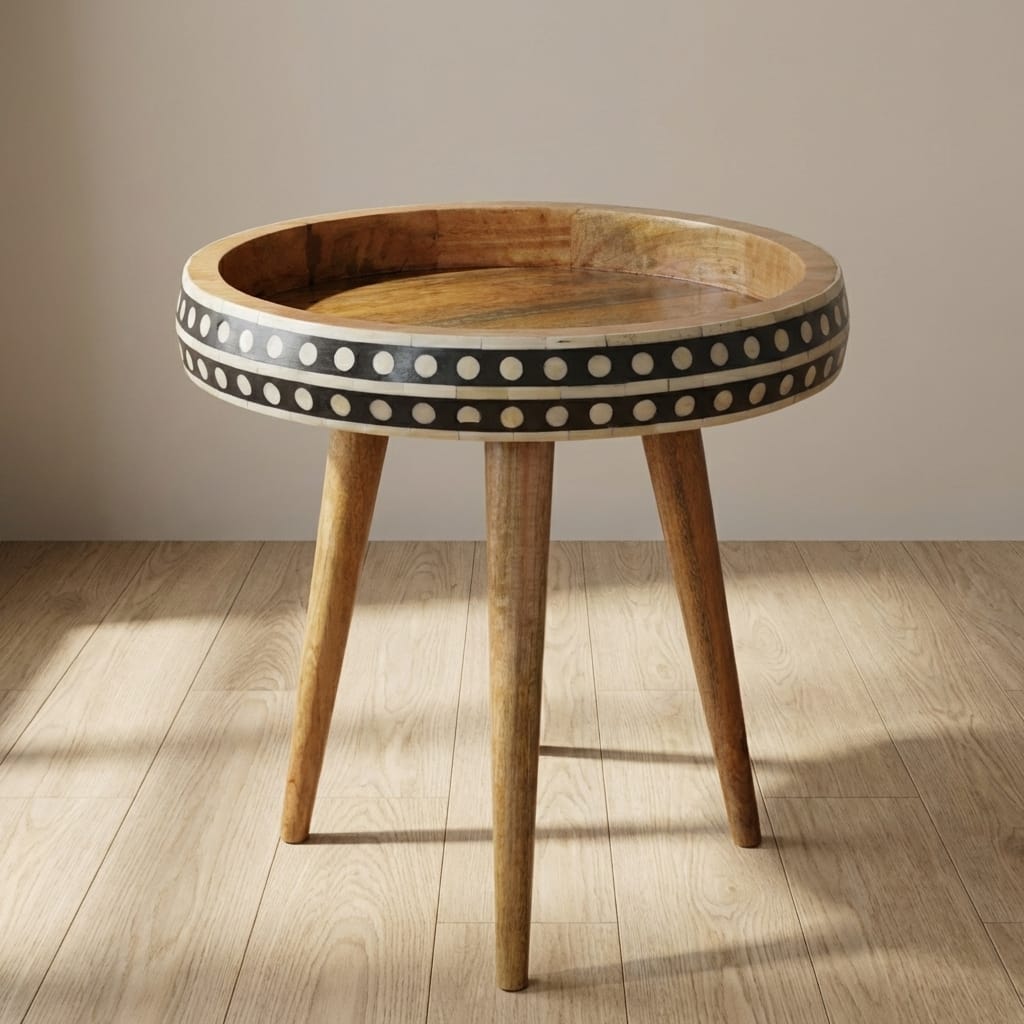 Mid-Century Modern Dotted End Table - Solid Mango Wood Side Table for Living Room - main view showing handcrafted solid...