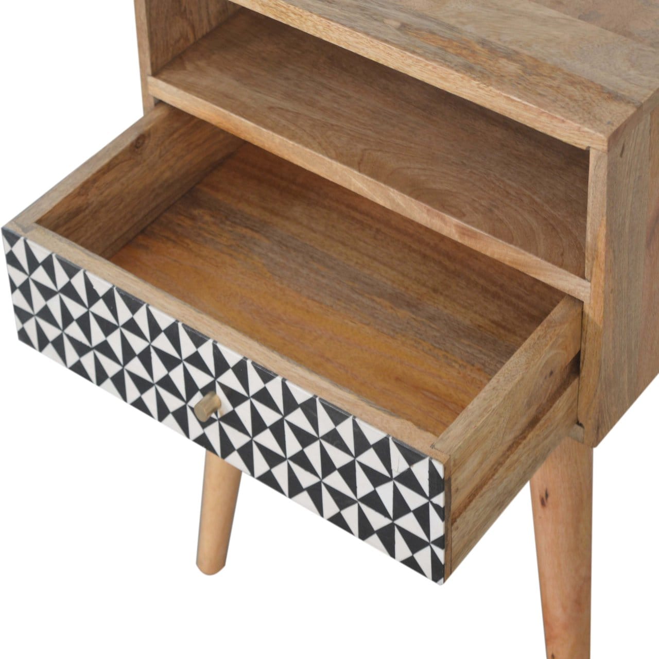 Mid-Century Modern Rafina Nightstand - Solid Mango Wood Bedside Table for Bedroom - product view 5 showing handcrafted...