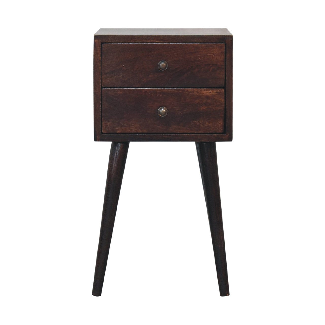 Mid-Century Modern Mini 2 Drawer Light Walnut Nightstand - Solid Mango Wood Bedside Table for Bedroom - main view showing...