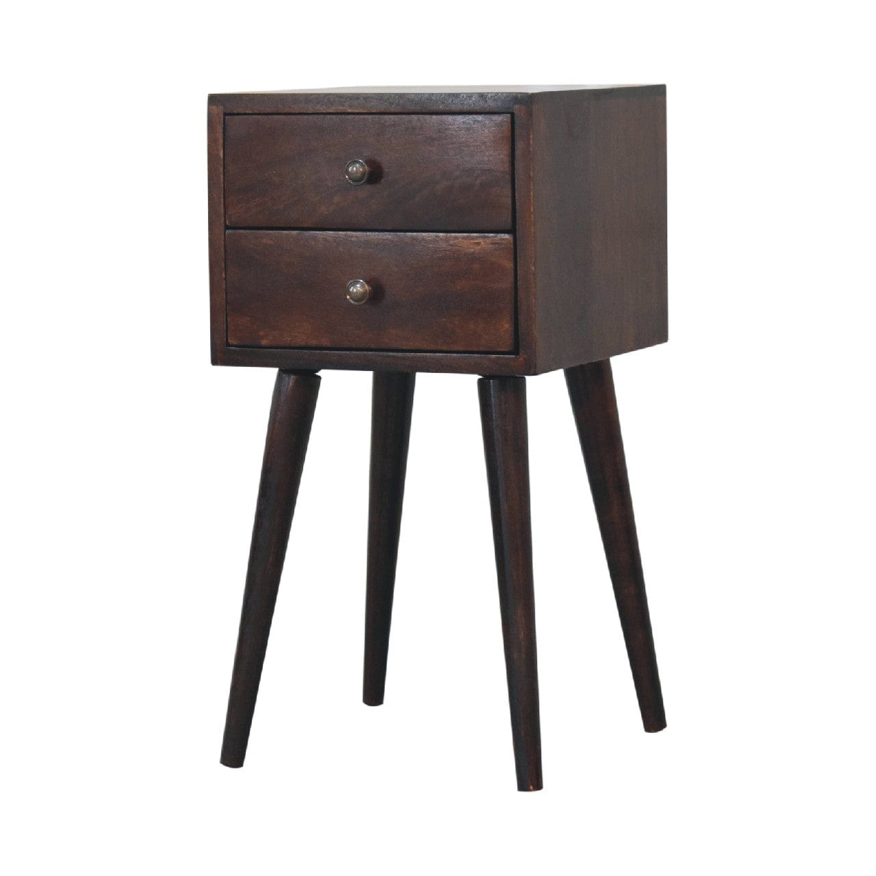 Mid-Century Modern Mini 2 Drawer Light Walnut Nightstand - Solid Mango Wood Bedside Table for Bedroom - product view 3...