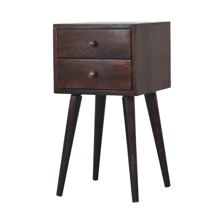 Mid-Century Modern Mini 2 Drawer Light Walnut Nightstand - Solid Mango Wood Bedside Table for Bedroom - product view 3...