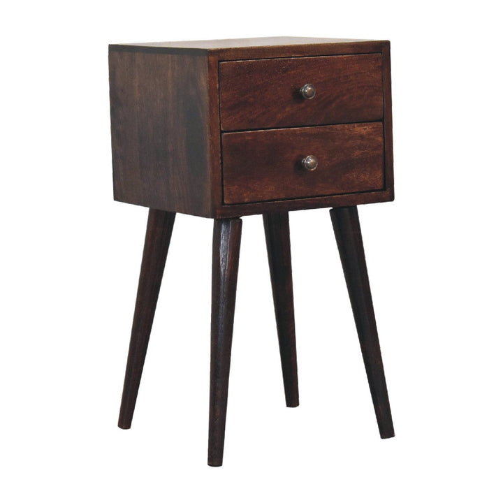 Mid-Century Modern Mini 2 Drawer Light Walnut Nightstand - Solid Mango Wood Bedside Table for Bedroom - product view 2...
