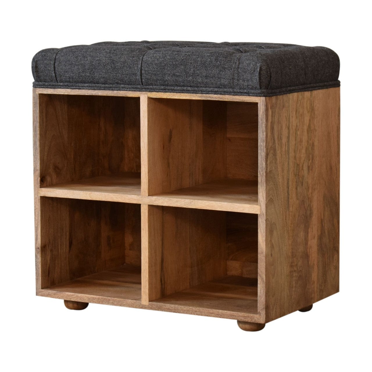Mid-Century Modern Mini Black Shoe Storage Footstool - Solid Mango Wood Accent Stool for Living Room - product view 2...