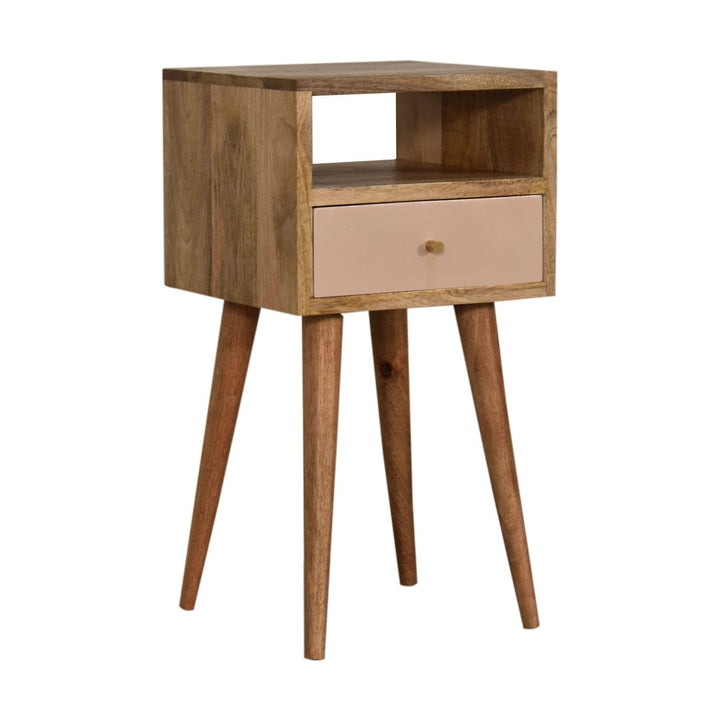 Mid-Century Modern Mini Blush Hand Painted Nightstand - Solid Mango Wood Bedside Table for Bedroom - product view 3...