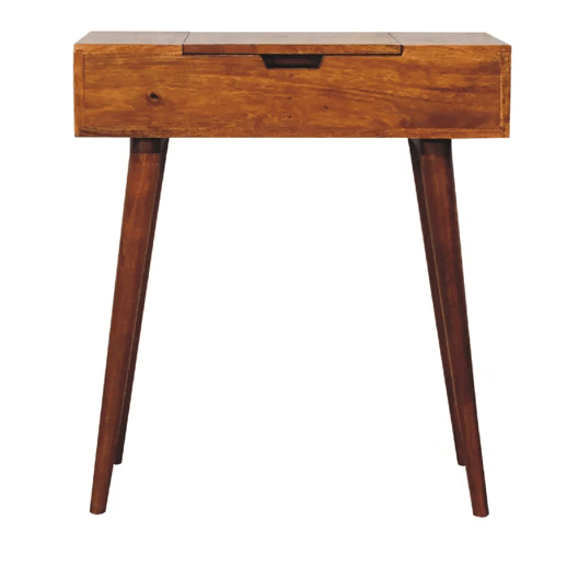 Mid-Century Modern Mini Chestnut Fold Dressing Table - Solid Mango Wood Vanity Table for Bedroom - product view 9 showing...